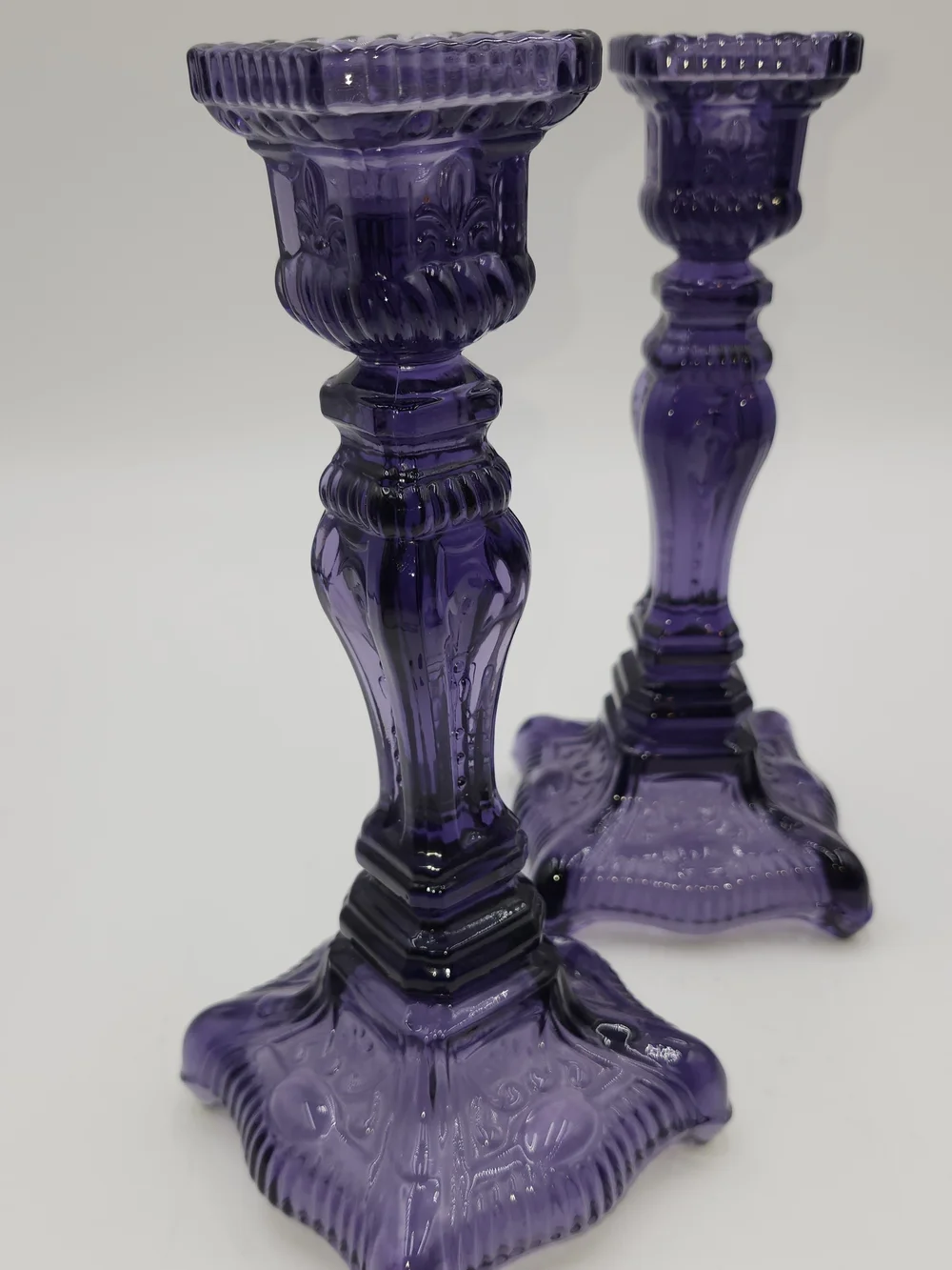Vintage  Glass Candlestick Pair Godinger  Yorktown PURPLE AMETHYST YORKTOWN